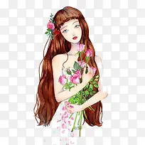 抱着玫瑰花的长发美女