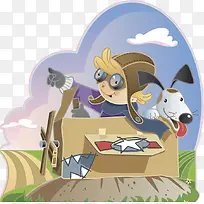 卡通插图探险的小男孩与小狗