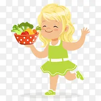手绘女孩拿着一盆蔬菜