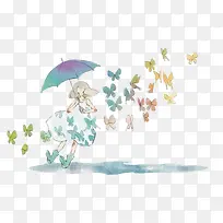 矢量撑伞少女和蝴蝶