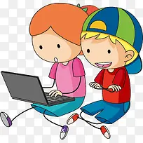 卡通上网玩电脑的小孩