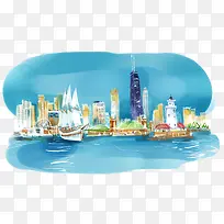 水彩手绘香港三大天然良港
