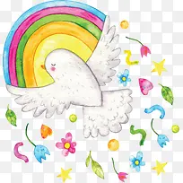 手绘风彩虹和平鸽