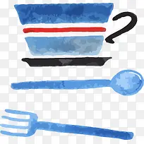 蓝色清新水彩餐具