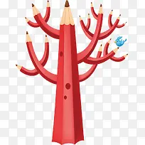 创意手绘扁平红色的铅笔树造型