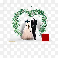 花环下的婚纱和西装