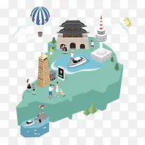 日本首尔旅游插画