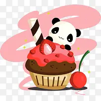 熊猫前的草莓蛋糕