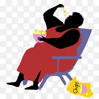 卡通胖女人坐在躺椅上吃薯片