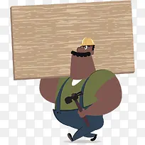 卡通人物插图扛着木板走路的工人