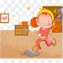 可爱卡通插图擦地板的小女孩
