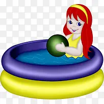 卡通充气游泳池中的玩球小女孩