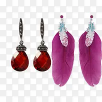 红宝石耳环和紫色羽毛耳环