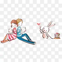 卡通情侣爱心兔子拉着礼盒插图