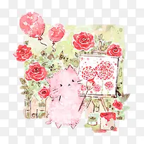 可爱的粉色猫咪和红色玫瑰花