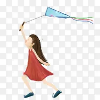 卡通手绘奔跑放风筝的女孩