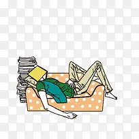 卡通躺在沙发上看书睡觉的女孩