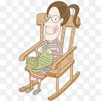 卡通线条插画坐在摇摇椅上打毛衣