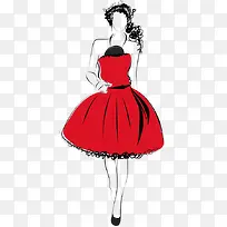 手绘穿红色裙子的时尚女孩