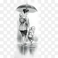 水墨中式雨天撑伞人物母子