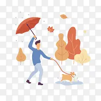 一个牵着狗打着伞的人