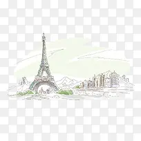水彩手绘线描风景画埃菲尔铁塔