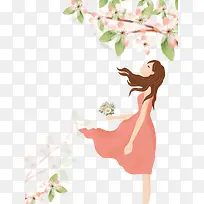 免抠卡通手绘树下拿着花朵的女孩
