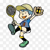 卡通手绘打网球小孩