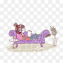 卡通躺在沙发上听歌看书的女孩