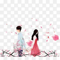 卡通浪漫情人牵手插画免抠