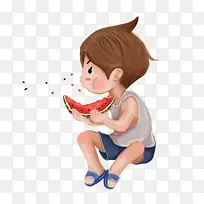卡通手绘小孩吃西瓜吐籽