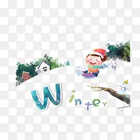 水彩画玩雪的小男孩