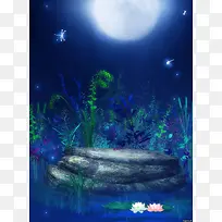 月下草丛荧光蜻蜓梦幻海报背景