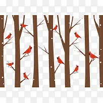 矢量元素雪中的树林与鸟