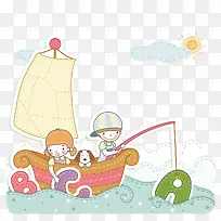 在船上钓鱼的小孩