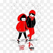 雨中散步的情侣素材