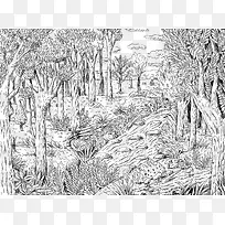 黑白线描稿森林图案背景