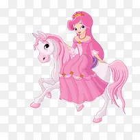 矢量粉色卡通骑马公主