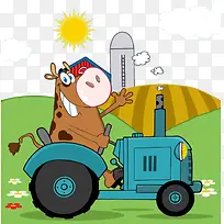 卡通草地上的牛车