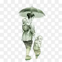 古风水墨背孩子的妈妈背影