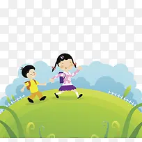 卡通人物走在路上背书包的小孩