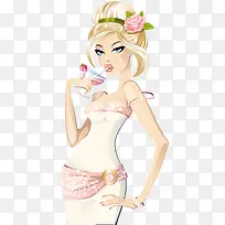 金发美女喝鸡尾酒的人物插画