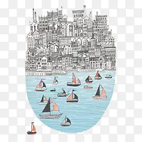 城市帆船建筑主题插画