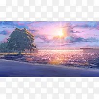 日系插画落日余晖海边风景素材