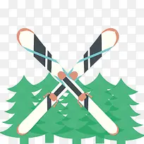 卡通滑雪工具与树林