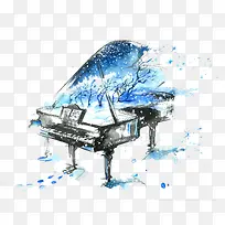 蓝色水墨艺术钢琴插画
