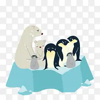 在冰川上的企鹅和北极熊