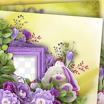 黄色墙壁紫色木质边框花朵