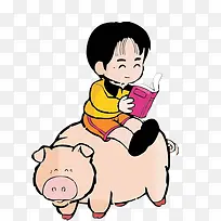 坐在小猪上的孩子