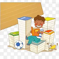 坐在书堆看书的男孩